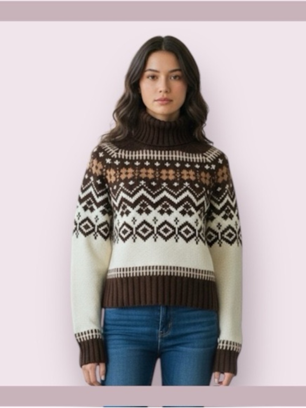 American Eagle Outfitters Brown & Cream Fair Isle Turtleneck Sweater Medium